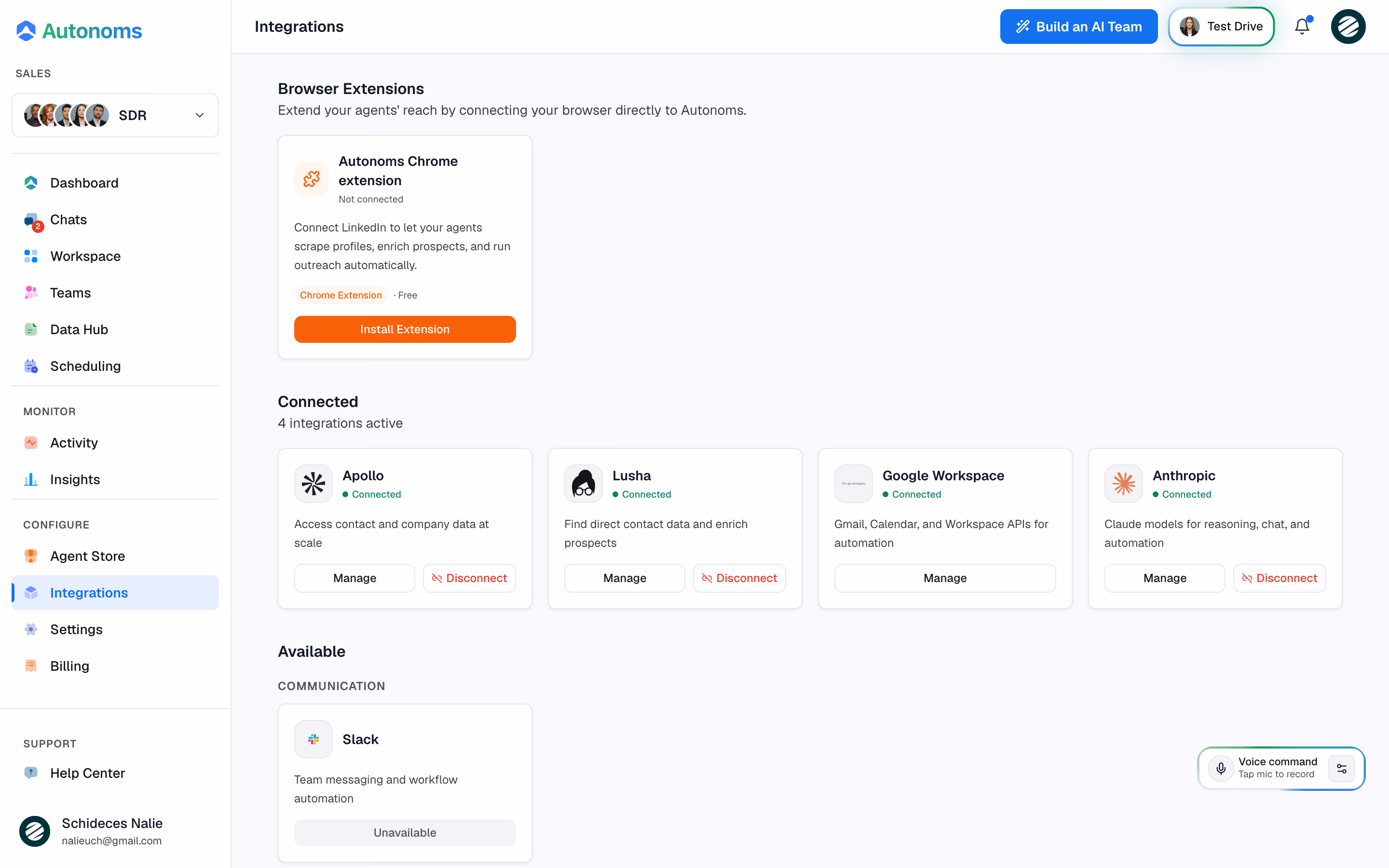Autonoms Integrations screen
