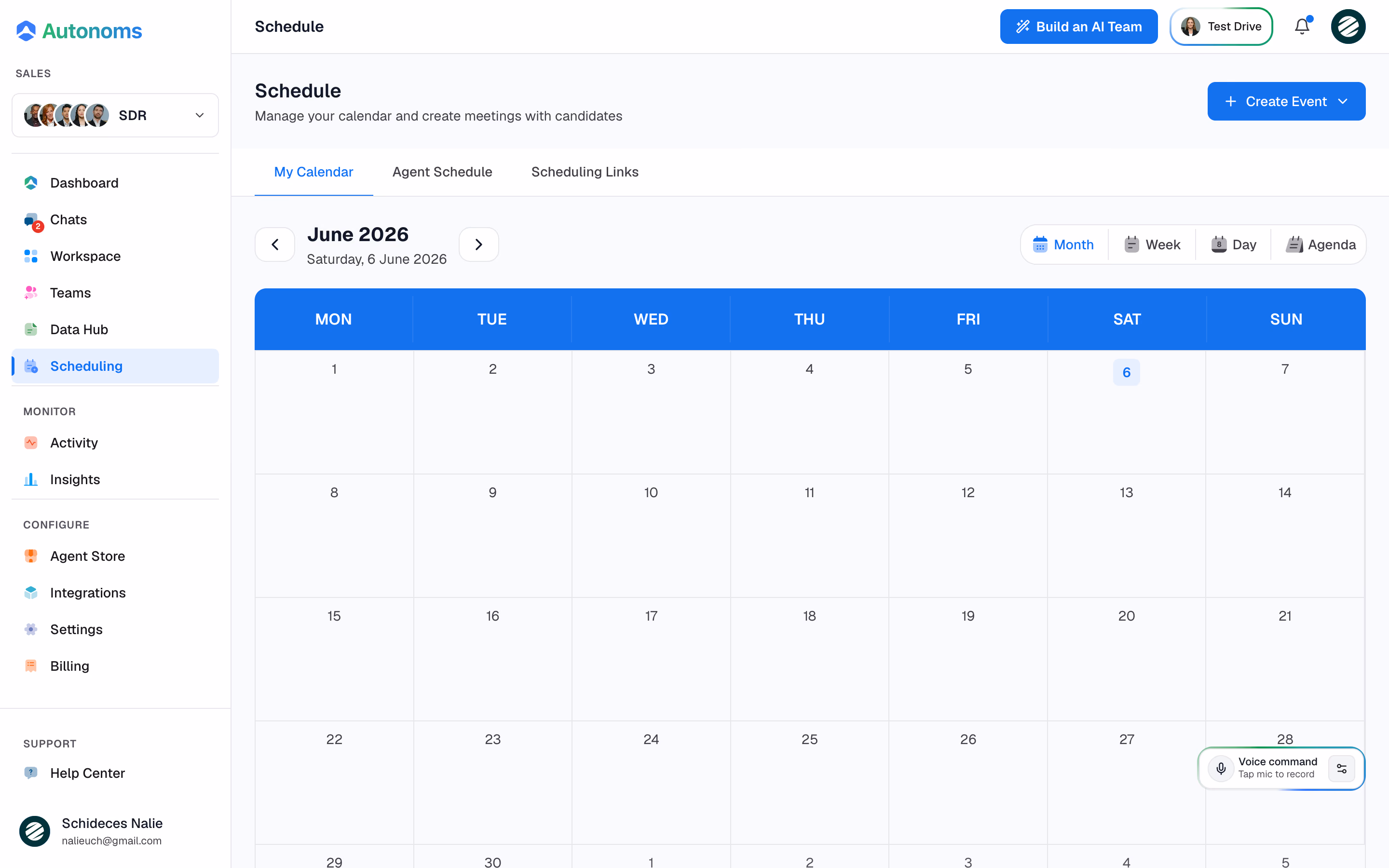 Autonoms Schedule screen