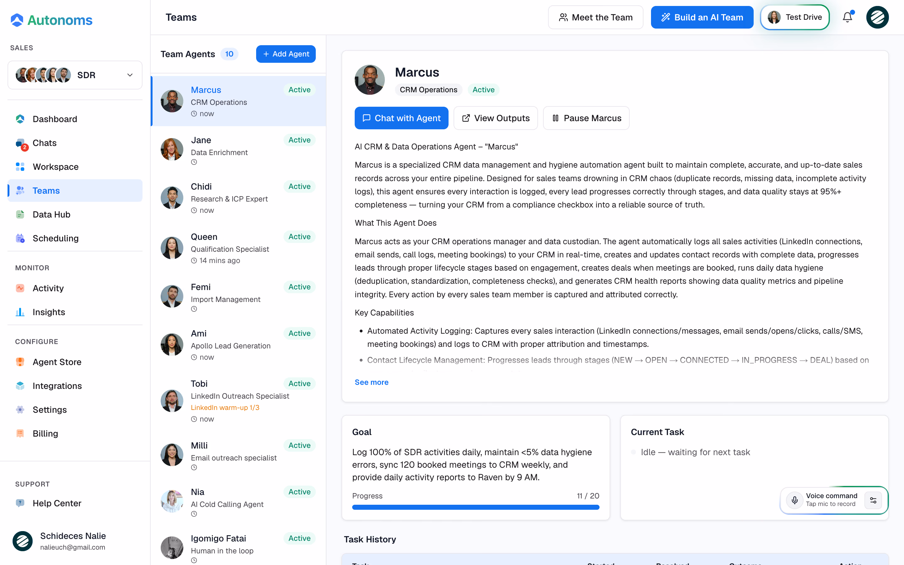 Autonoms Team screen