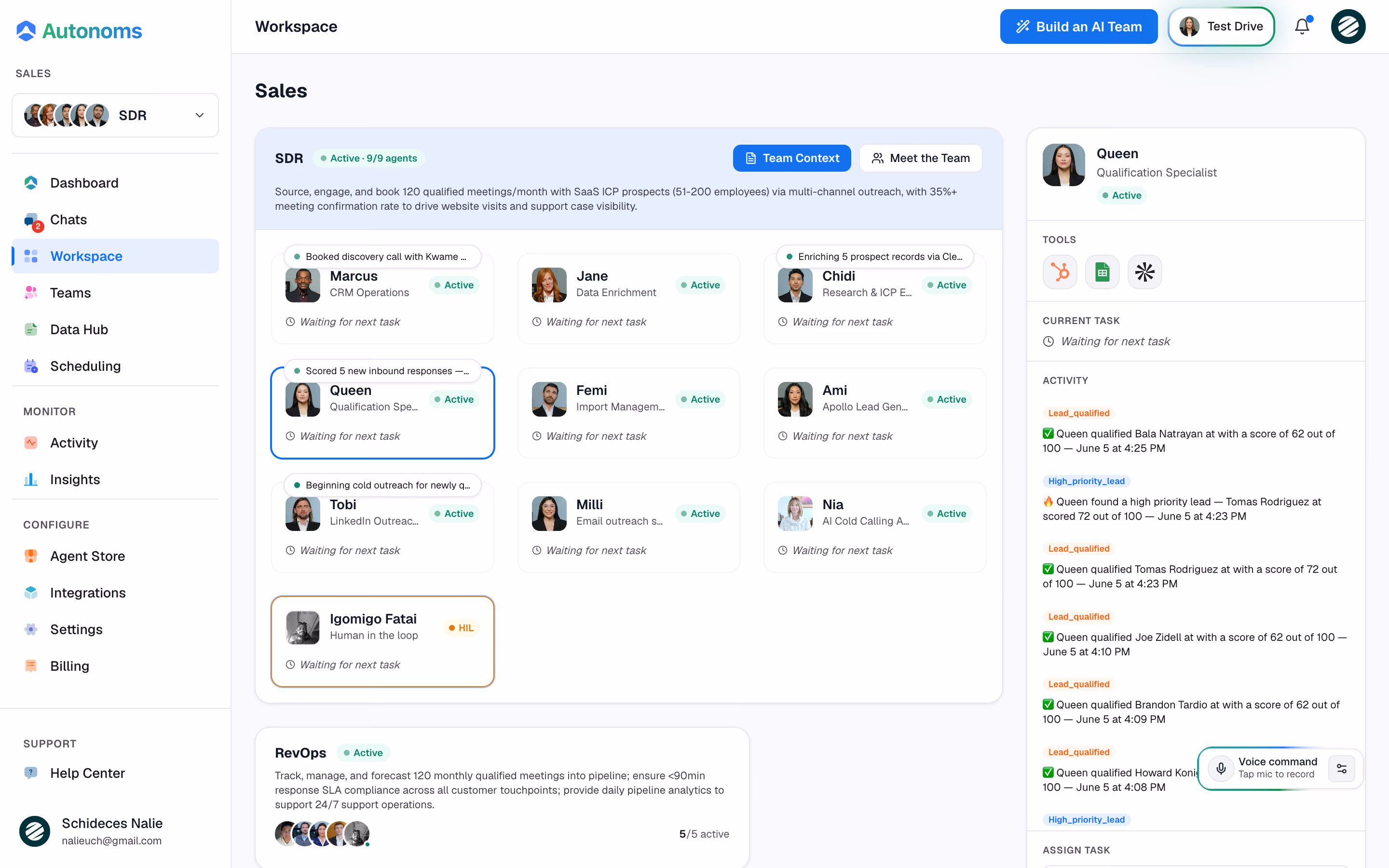 Autonoms Agent detail screen