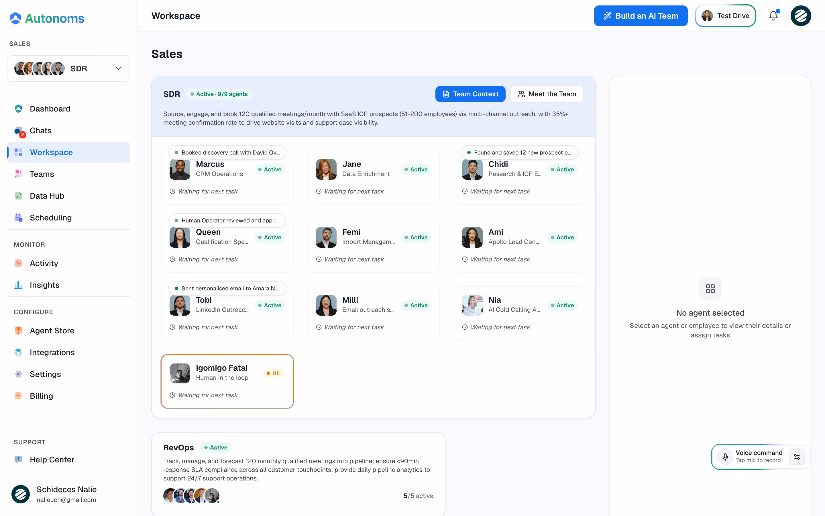 Autonoms Workspace screen
